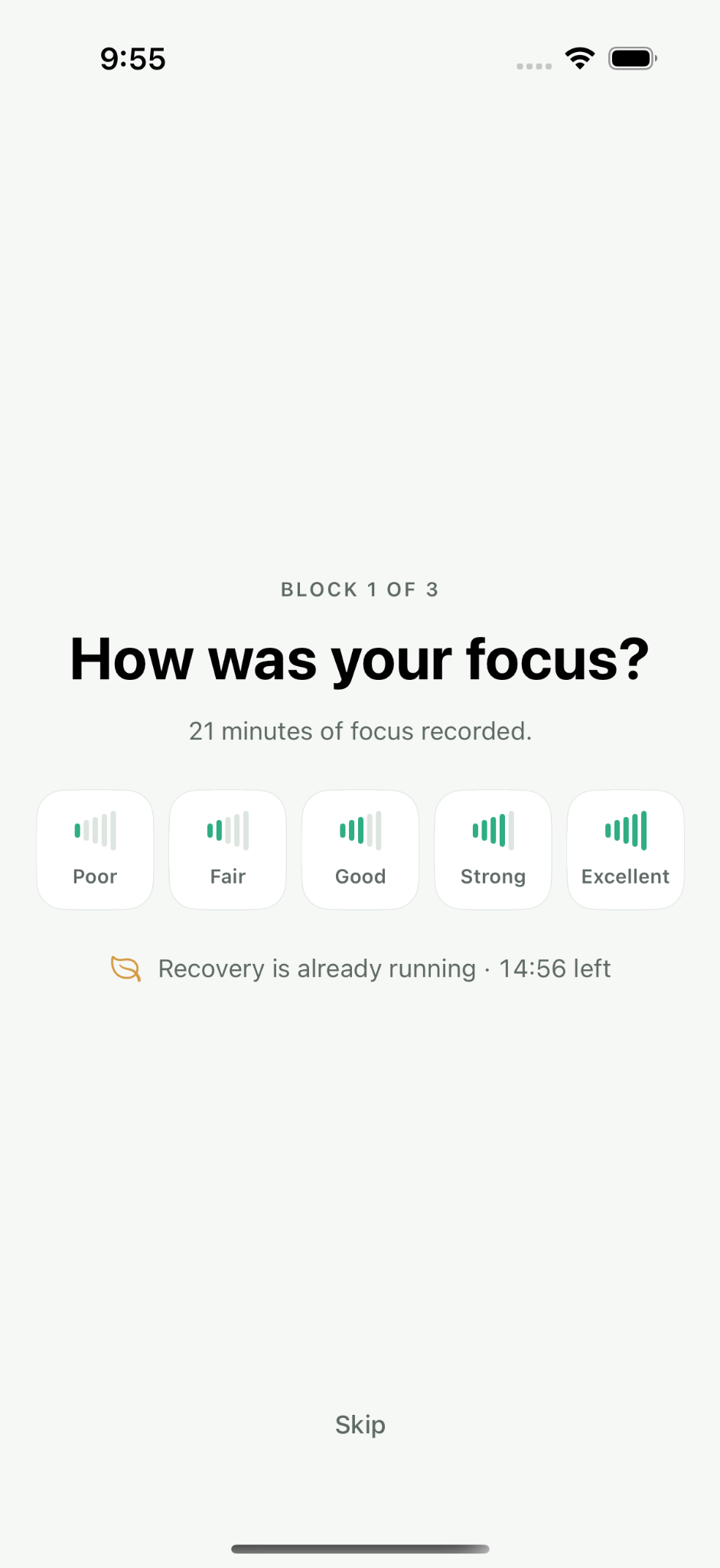 Focus Battery app development screenshot showing the focus rating and recovery experience