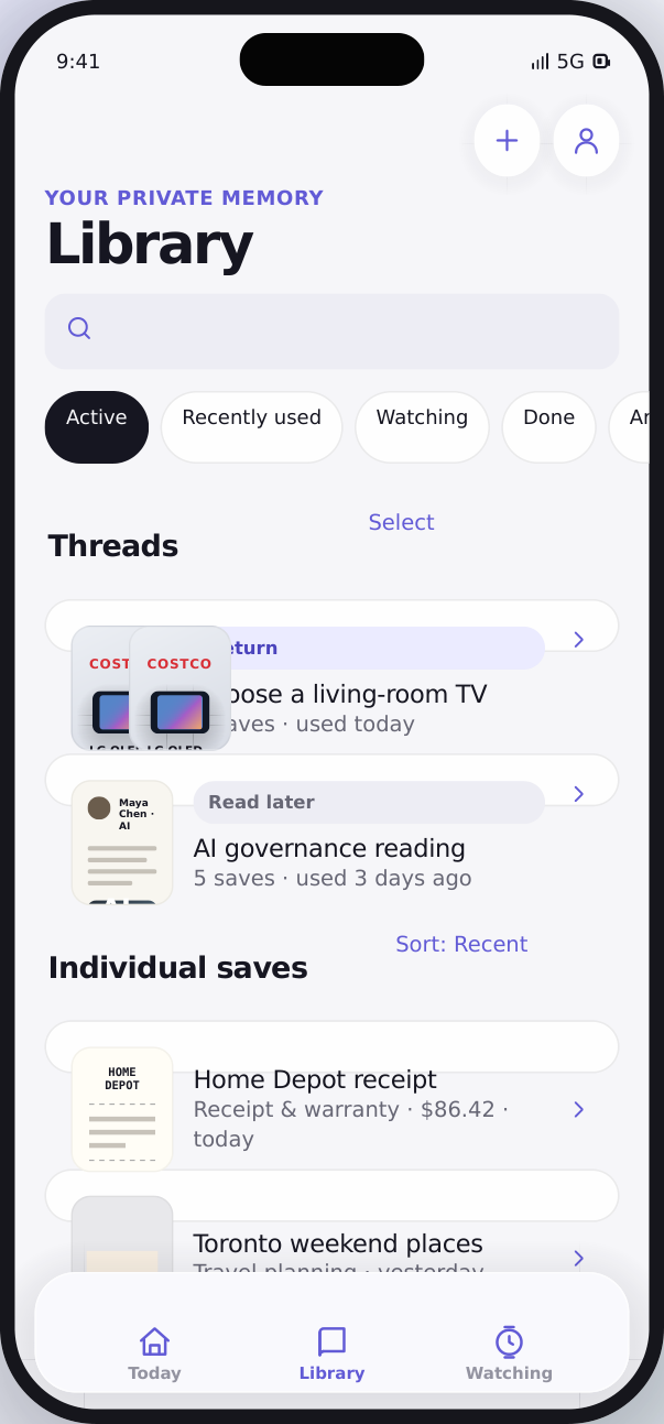 Recall Library prototype: browse saved screenshots