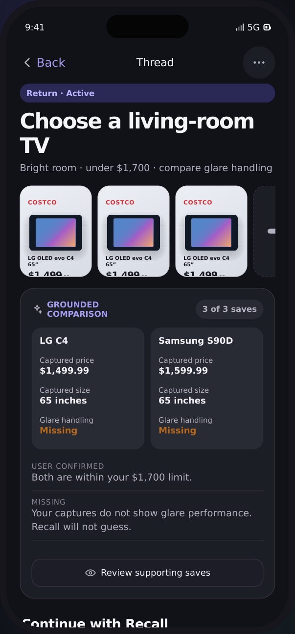 Recall Threads prototype: related screenshots in context